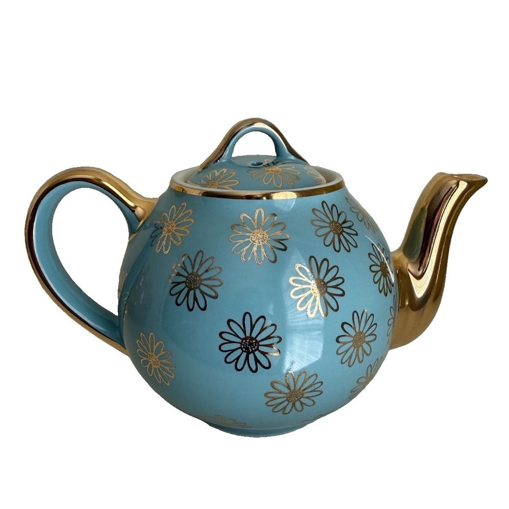 Vintage Hall China Teapot MCM 045GL Blue Gold Daisy Floral 6-Cup USA Garden Tea